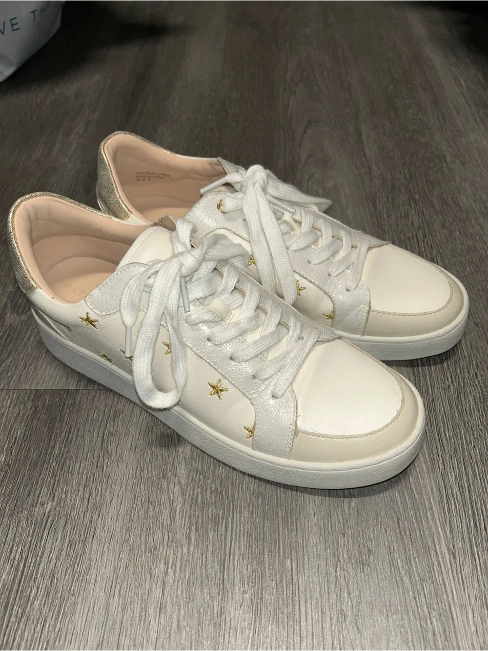 Altar'd State White Sneakers with Gold Star Embroidery and Metallic Heel